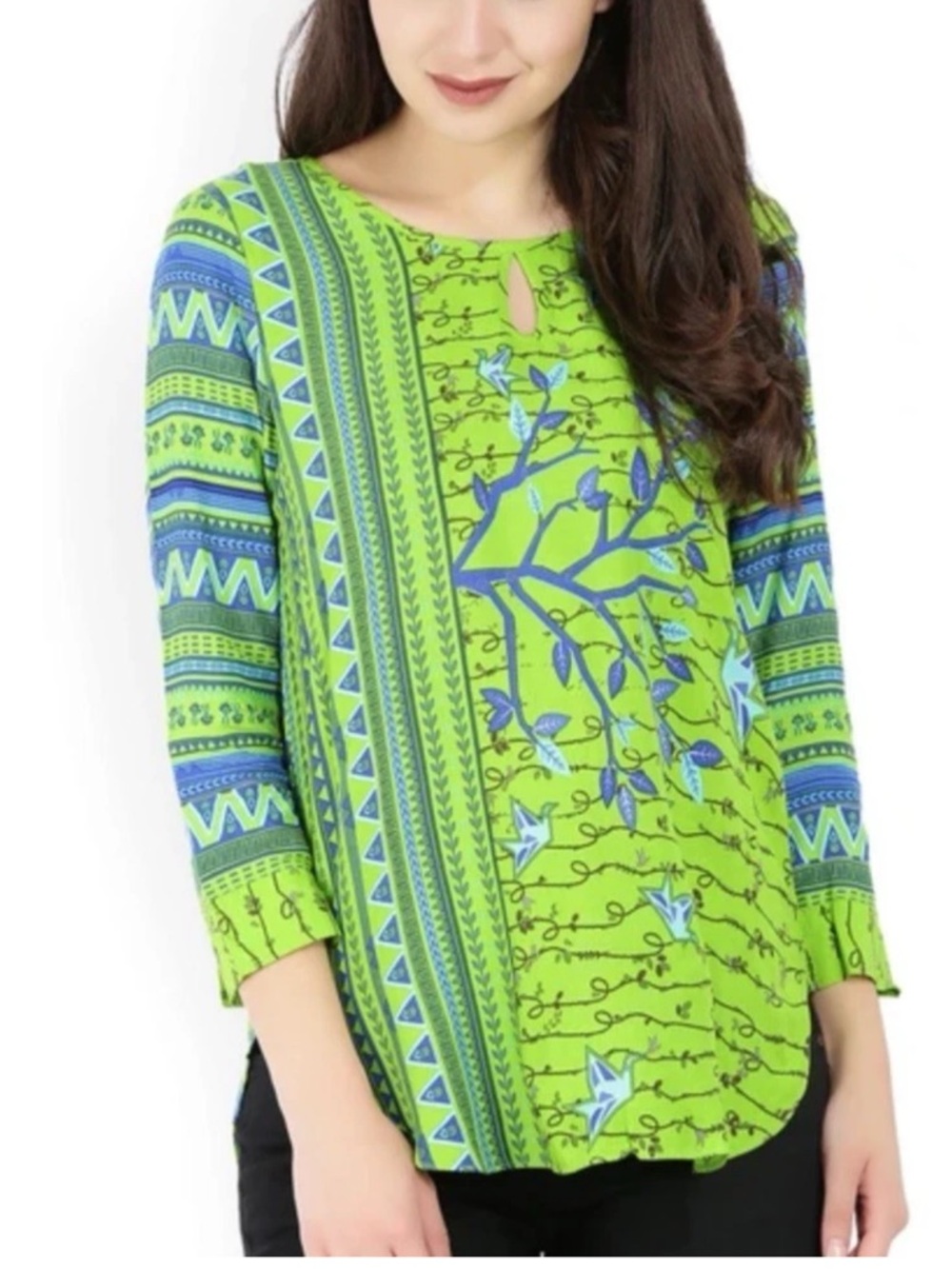 Global Desi 3/4 Sleeve Blouse Top Origami Birds Keyhole Viscose Women’s Medium